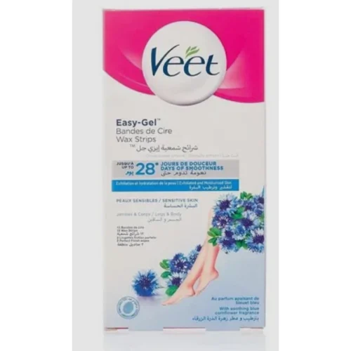 Veet Easy Gel Soothing Body & Legs Wax Strips Blue Cornflower Scent for Sensitive Skin with Finish Wipes