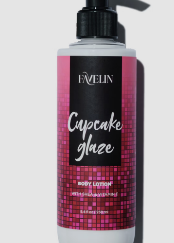 Favelin Cupcake Glaze Body Lotion with Shea Butter & Vitamin E - animal testing free, parabens free - لوشن الجسم فافيلين كب كيك جليز مع زبدة الشيا وفيتامين هـ - خالٍ من التجارب على الحيوانات، وخالٍ من البارابين
