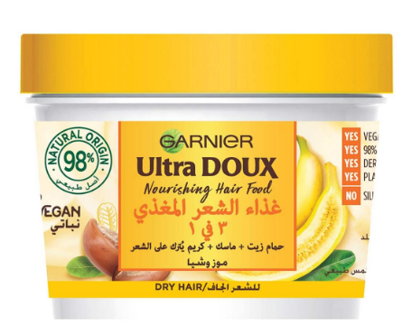 Garnier Ultra Doux 3in1 Nourishing Hair Food Treatment with Banana & Chia Extracts for Dry Hair - vegan, silicone free, artificial colorants free