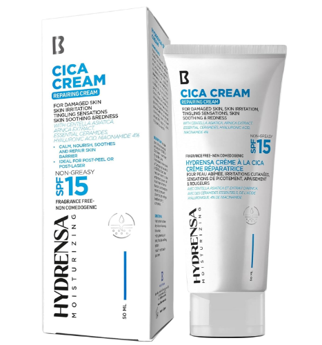 Hydrensa Non-Greasy Repairing, Soothing & Nourishing Face, Body & Lips Cream with Ceramide, Centella Asiatica & Arnica Extracts SPF15 - fragrance free, non comedogenic - كريم هيدرينسا غير الدهني، مرمم، مهدئ ومغذي للوجه والجسم والشفاه، غني بالسيراميد ومستخلصات السنتيلا أسياتيكا والأرنيكا، مع عامل حماية من الشمس SPF15 - خالٍ من العطور، لا يسد المسام
