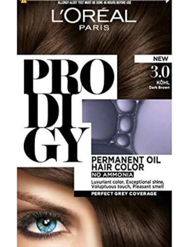 L'Oreal Prodigy Permanent Oil Hair Color Dark Brown 3.0 - ammonia free - صبغة الشعر الدائمة لوريال بروديجي الزيتية، بني داكن 3.0 - خالية من الأمونيا