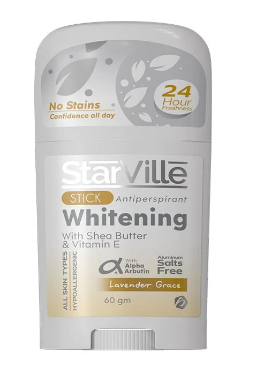 StarVille 24H Hypoallergenic Whitening & Antiperspirant Deodorant Stick Lavender Grace Scent with Shea Butter, Vitamin E & Alpha Arbutin for All Skin Types - salts free, stain free