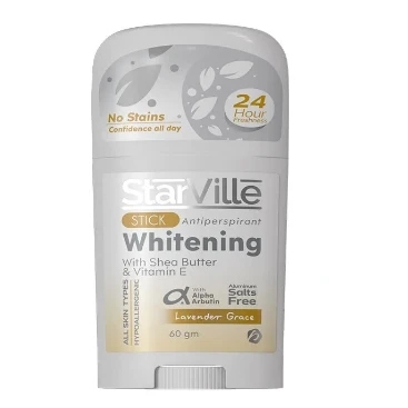StarVille 24H Hypoallergenic Whitening & Antiperspirant Deodorant Stick Lavender Grace Scent with Shea Butter, Vitamin E & Alpha Arbutin for All Skin Types - salts free, stain free