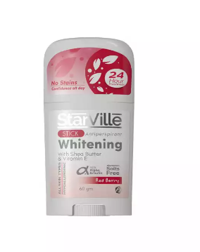 StarVille 24H Hypoallergenic Whitening & Antiperspirant Deodorant Stick Red Berry Scent with Shea Butter, Vitamin E & Alpha Arbutin for All Skin Types - salts free, stain free