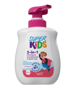 Super Kids Hypoallergenic 3in1 Shampoo, Conditioner & Shower Gel Strawberry Milkshake (2+ Years) - parabens free, phthalates free, silicones free