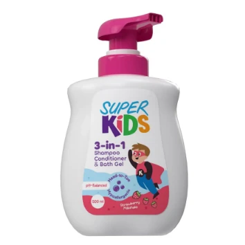 Super Kids Hypoallergenic 3in1 Shampoo, Conditioner & Shower Gel Strawberry Milkshake (2+ Years) - parabens free, phthalates free, silicones free
