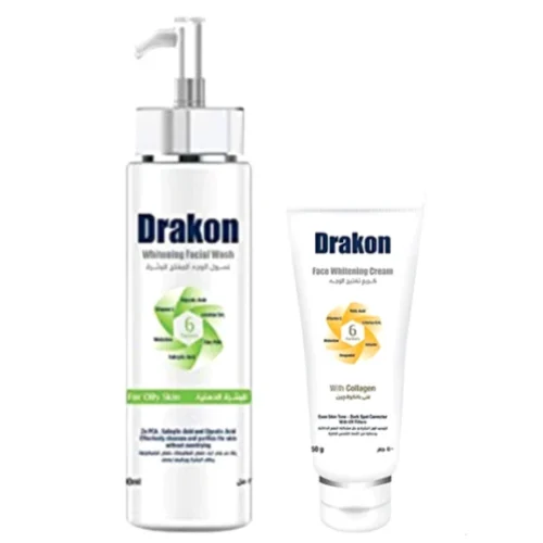 Drakon Whitening Facial Wash with PCA, Zinc & Salicylic Acid for Oily Skin (200ml) & Whitening & Anti-Dark Spot Face Cream with Collagen (50g)