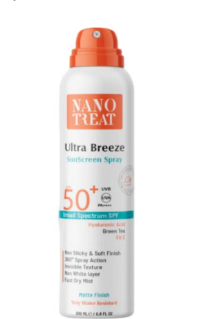 Nano Treat Ultra Breeze Water-Resistant Broad Spectrum Non-Sticky Matte Face & Body Sunscreen Spray with Hyaluronic Acid, Green Tea & Vitamin E SPF50+
