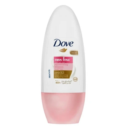 Dove Even Tone 48H Rejuvenating & Antiperspirant Roll-On Deodorant Blossom Scent with Vitamin B3 for Women - alcohol free