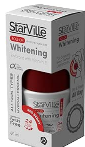 StarVille Hypoallergenic Antiperspirant Whitening Roll-On Deodorant Red Berry Scent with Vitamin E for All Skin Types - aluminum salts free