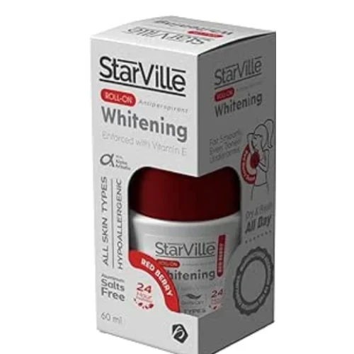 StarVille Hypoallergenic Antiperspirant Whitening Roll-On Deodorant Red Berry Scent with Vitamin E for All Skin Types - aluminum salts free