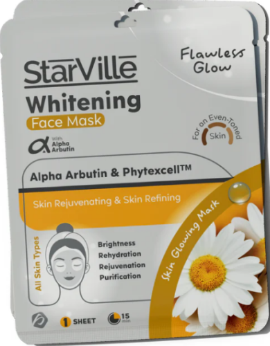 StarVille Flawless Glow Whitening, Brightening & Rejuvenating Facial Sheet Mask with Alpha Arbutin & Phytexcell for All Skin Types