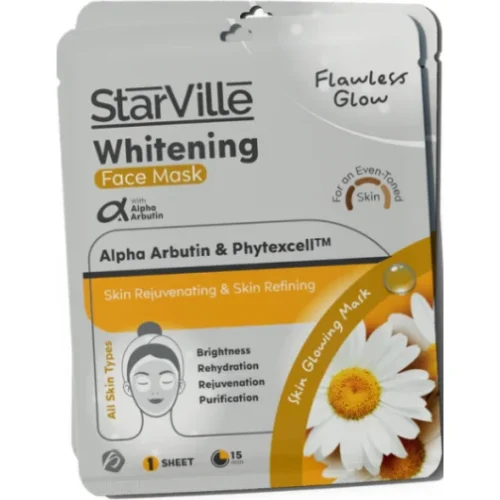 StarVille Flawless Glow Whitening, Brightening & Rejuvenating Facial Sheet Mask with Alpha Arbutin & Phytexcell for All Skin Types