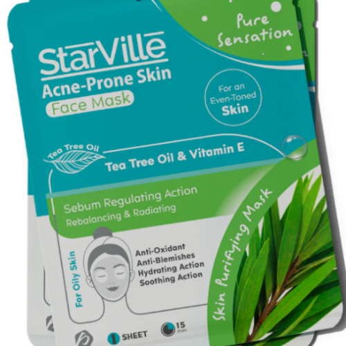 StarVille Pure Sensation Sebum Regulating, Rebalancing & Radiating Facial Sheet Mask with Tea Tree Oil & Vitamin E for Oily & Acne-Prone Skin