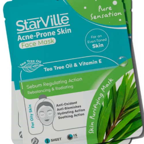 StarVille Pure Sensation Sebum Regulating, Rebalancing & Radiating Facial Sheet Mask with Tea Tree Oil & Vitamin E for Oily & Acne-Prone Skin