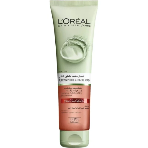 L'Oreal Skin Expert Pure Clay Cleansing, Exfoliating & Brightening Gel Face Wash with Red Algae Extract 150 ml