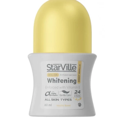 StarVille Hypoallergenic Antiperspirant Whitening Roll-On Deodorant Sweet Vanilla Scent with Vitamin E for All Skin Types - aluminum salts free 60 ml