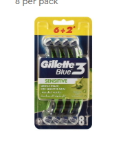Gillette Blue 3 Disposable Razors for Sensitive Skin (6+2 Free) 8 per pack